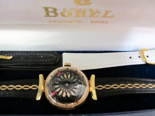 Ernest Borel Kaleidoscope" Cocktail Watch": Ernest Borel Kaleidoscope" Cocktail Watch, 17 Jewel, matching Ernest Borel Neuchatel Swiss band; 3 extra wrist bands include, 2 black with gold design, 1 white leather, with original box"