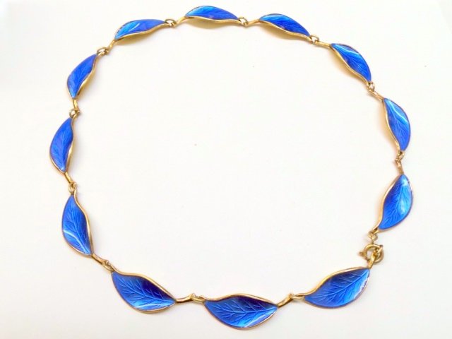 David Andersen Norway Sterling Enamel Necklace: David Andersen Norway Sterling Enamel Necklace, guilloche blue enameling, gold wash on sterling, L. 16", signed