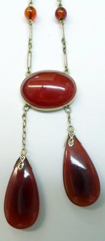 14K Lariat Necklace with Carnelian: 14K Yellow Gold Lariat Style Necklace, Carnelian beads and cabochons, L 16" with 2" drop, 6.2 dwt