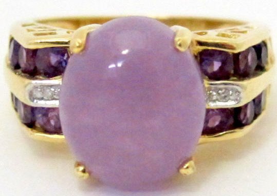14K Lavender Jade Ring w/Diamonds, Amethysts (1 of 4)