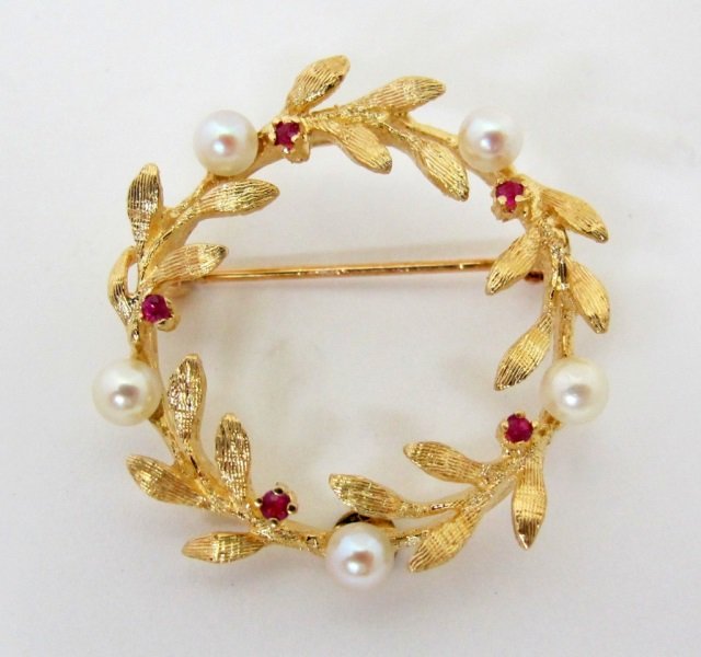 14K Wreath Brooch with Pearls, Rubies (1 of 2)