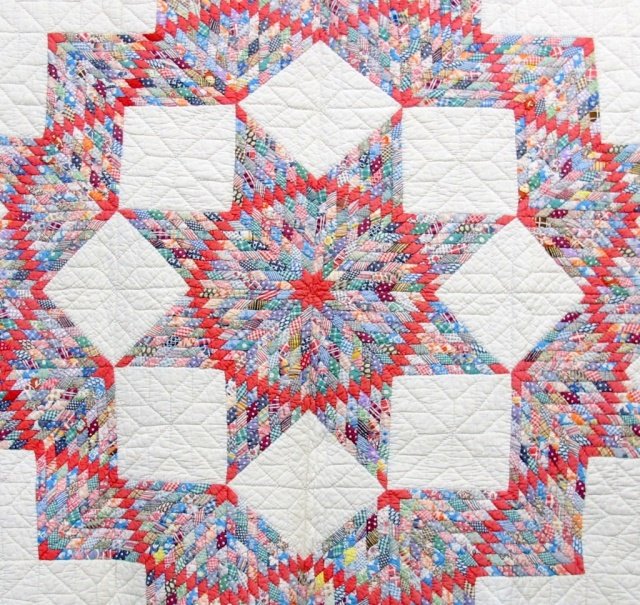 3 - Quilts, Hand Quilted, Early 20th C: 3 - Quilts, Hand Quilted, early 20th C: Broken Star pattern, 65-1/2" x 70-1/2" ; Arkansas Star pattern, 33-1/4" x 80" ; Ca. 1900 Cake Stand / May Basket pattern, Saw Tooth inner border, 38-1/4" x 76-1