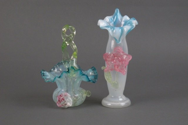 2 Pcs Vaseline Art Glass: 2 Pcs Vaseline Glass: Bride's Basket, green twisted vaseline glass handle applied, blue ruffled edge fades into a light green striped basket with applied floral decoration, H. 7"; Jack-In-The-Pulpit, 