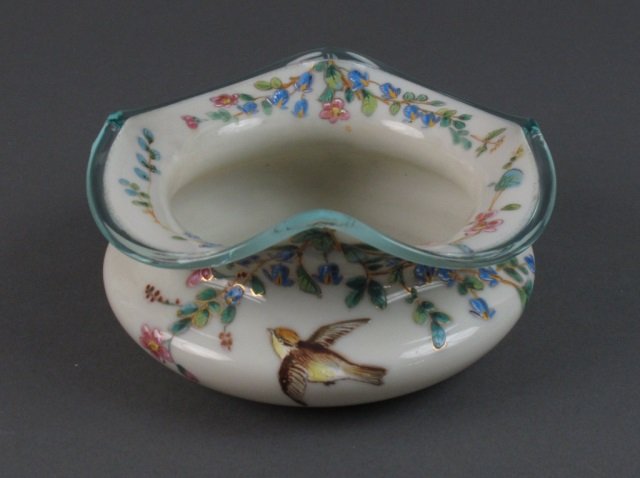 Webb Type Porcelain Dresser Bowl: Webb Type Porcelain Dresser Bowl, clear pale blue ruffle edges, ivory bowl decorated with a hand painted enamel floral design, H. 2-1/4", D. 6"