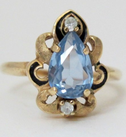 Lady's Ring with Enameling: Lady's10K Yellow Gold Ring, pear faceted Synthetic Spinel With Enameling, Size 6-3/4, 1.8 dwt