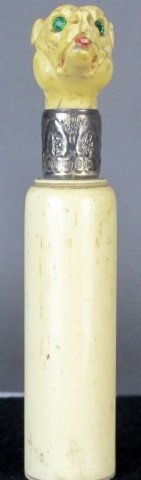 19th C Carved ivory and bone continental desk seal: Measures 12 cm. (Shipping is the responsibility of the winning bidder. This lot can NOT be shipped to CA, CT, NY, NJ, HI, or out of the US. Buyer is responsible for knowing the rules pertaining to the