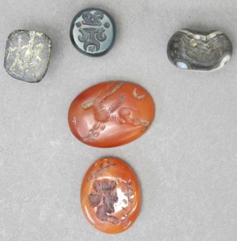 Group of 5 Mesopotamian Intaglio seals: Ca 3000 B.C., Various stones including agate. Largest is 25 mm.,Lifelong collection from the estate of a gentleman seal collector