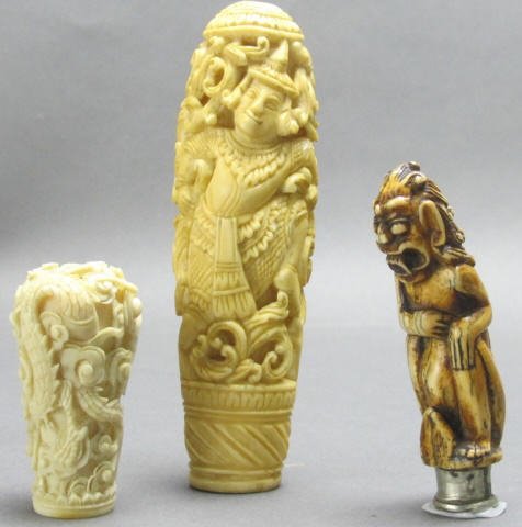 3 carved 19th C Asian ivory parasol/cane handles (1 of 10)