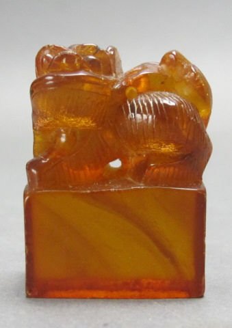 Carved Chinese Amber fu dog desk seal, 19 c. (1 of 3)