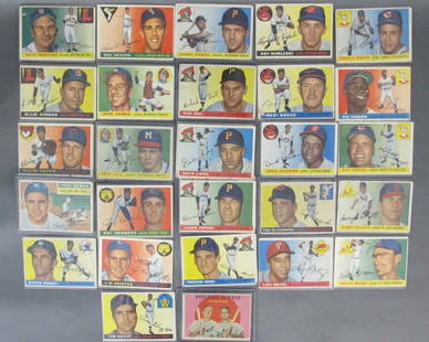 30 - 1955 TOPPS Baseball cards: 30 - 1955 TOPPS Baseball cards PLUS 1956 Topps Yogi Berra PLUS 1959 Pitchers Beware. 30 - 1955 Cards include some doubles, mostly EX some VG. Berra heavily creased Pitchers Beware Near EX