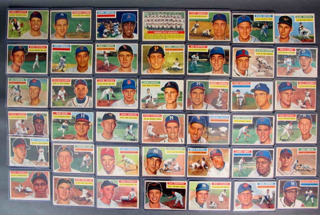 148 - 1956 TOPPS Baseball Cards: Mostly VG to VG+. Minor stars: Schoendienst, R Roberts, Wynn, Feller, Tigers Team, Friend, Whitey Ford, Giants Team, Athletics Team, Fox, Ashburn. No doubles
