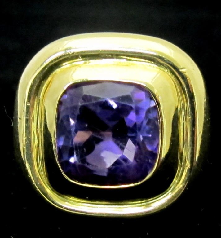 18K Solitaire Amethyst Ring: Cushion Square Faceted Amethyst 10mm, Size 5-3/4, 8.7 dwt