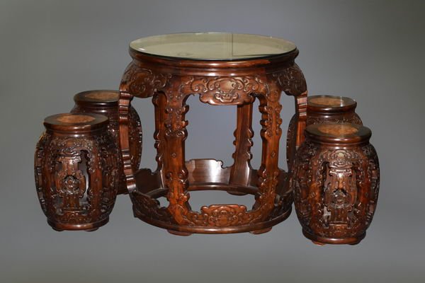Five-piece ebonylike wood tea table- Republic of China: 民国酸枝木五件套茶桌