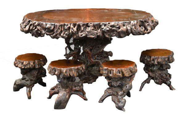 Root carving tea table (table and four chairs): 根雕茶桌（一桌四椅）