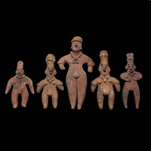 5 Pre-columbian Colima Standing Flat Figures: 5 Pre-columbian Colima Standing Flat Figures from West Mexico, ca. 300 B.C.-300 A.D. Including five solid pottery standing figures. All having scattered mineral deposits on their surfaces. Two