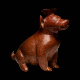 Pre-Columbian Colima Redware Seated Dog: Pre-Columbian Colima Redware Seated Dog from West Mexico, ca. 200 B.C-200 A.D. Redware pottery seated dog vessel having a funnel type spout on top of his head. Depicted with a short uncurled, pointed