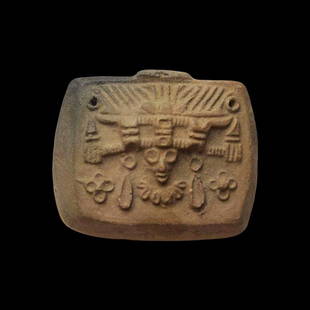 Pre-columbian Teotihuacan Pottery Stamp: Pre-columbian Teotihuacan Pottery Stamp from Mexico, ca. 450-650 A.D., Tlaloc holding a lightning bolt in each hand, Very likely to have been a seal carried by a dignitary of the ruling ancient city.