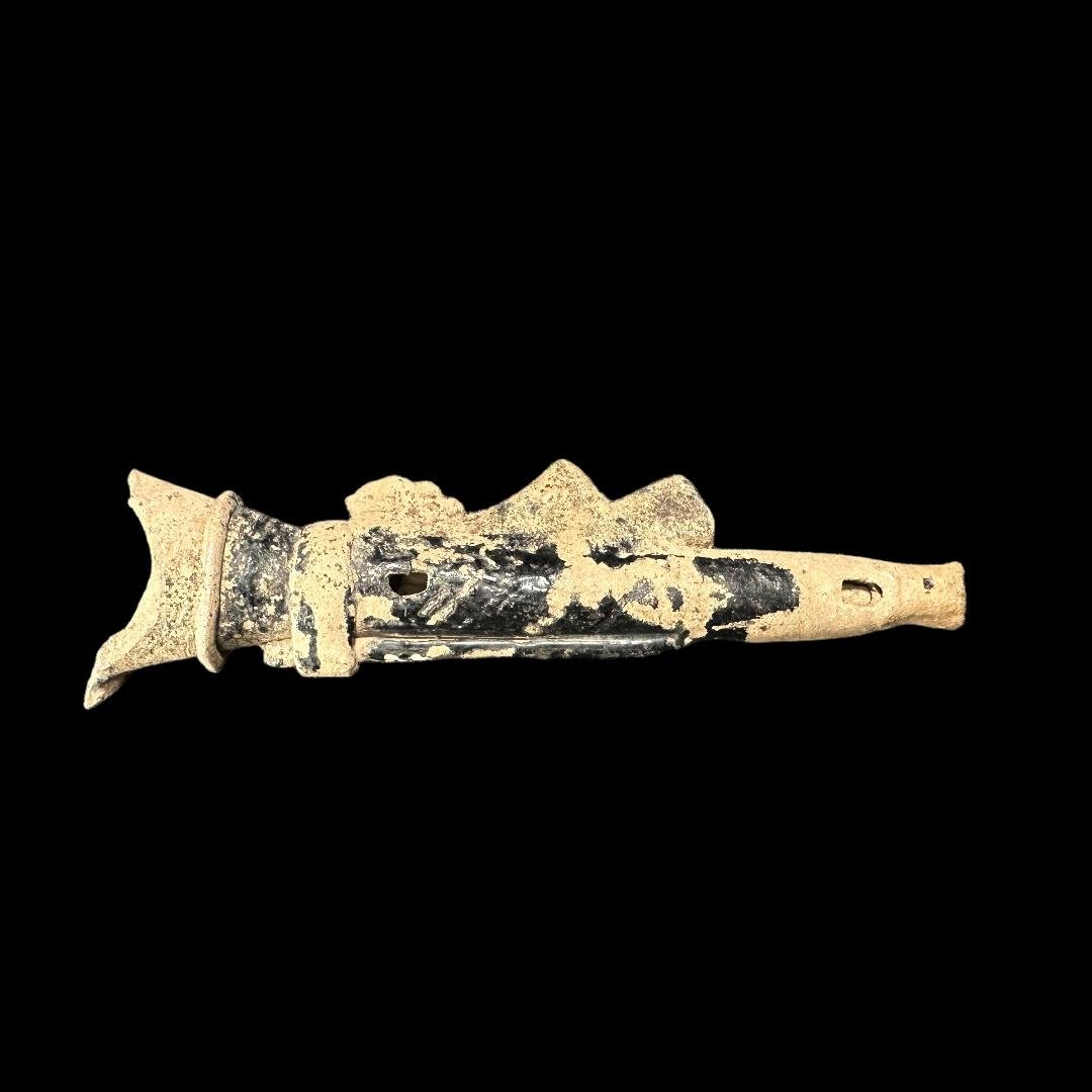 Pre-Columbian Veracruz Decorated ritual flute: Pre-Columbian Veracruz Decorated ritual flute, Remojadas, Classic period, CE 300-900, Veracruz State, Mexico, buff earthenware with black chapapote paint. The tubular form with flaring mouth and decor