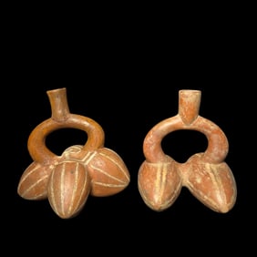Pair of Pre-Columbian Moche III pottery cucumber vessels