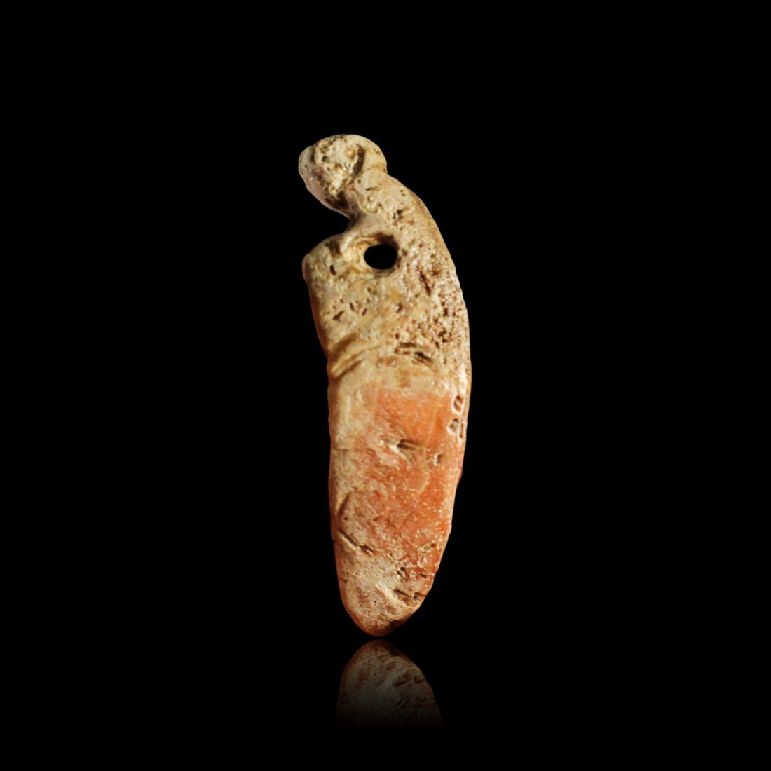 Large Pre-Columbian Colima Spodylus Shell Pendant: A large Pre-Columbian Colima spondylus shell carved pendant from ancient West Mexico, circa 200 B.C. - 300 A.D. This example depict a human form. It was drilled for suspension by the ancient maker, an