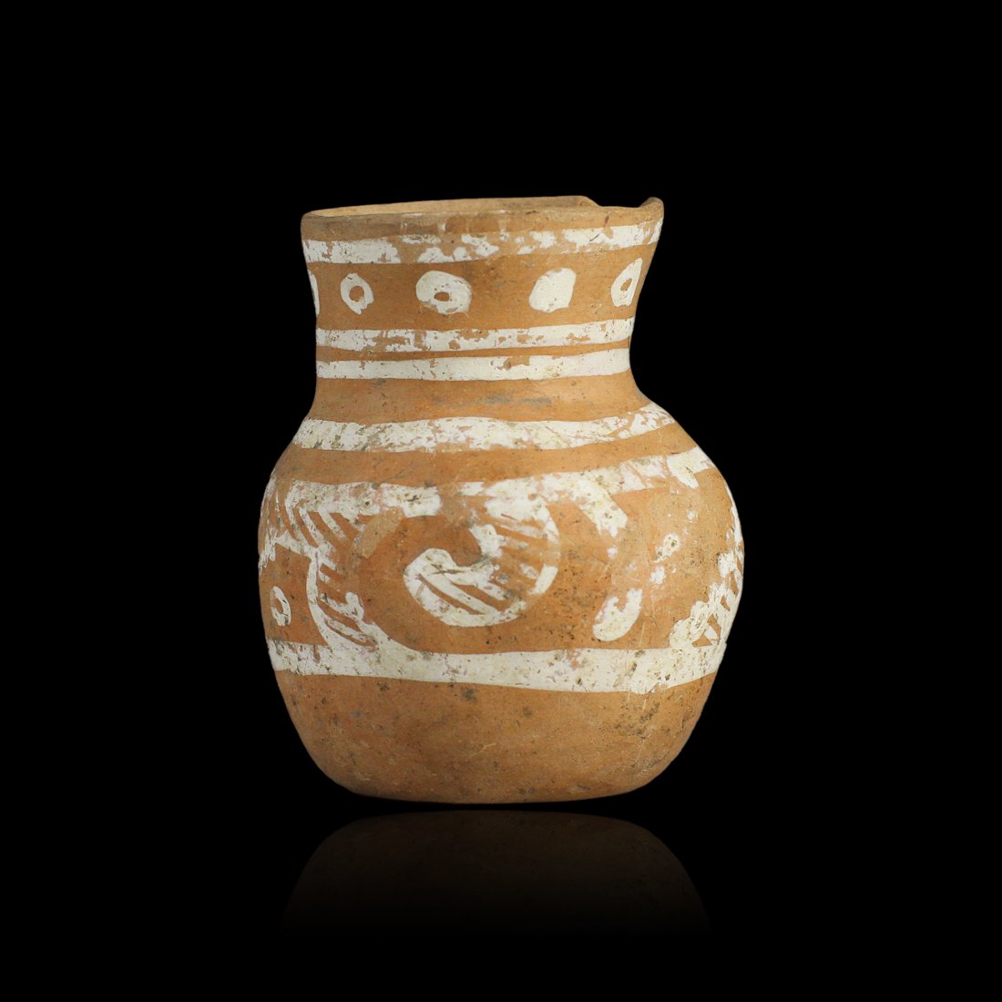 Pre-Columbian West Mexican Bi-Chrome Jar: A Pre-Columbian bi-chrome jar from ancient West Mexico, circa 200 B.C. - 300 A.D. This example features various geometric patterns in white against a buff colored slip. All lots will be sold with a CO