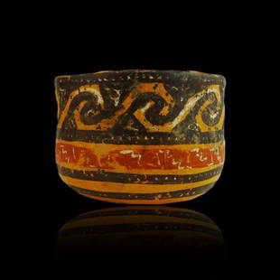 Rare Pre-columbian Mixtec Bowl: Pre-columbian Mixtec Bowl from Mexico, ca. 1000-1500 A.D. Decorated in painted colors of red, black, white and red on orange ground. Two circles around the bottom followed by a white painted step