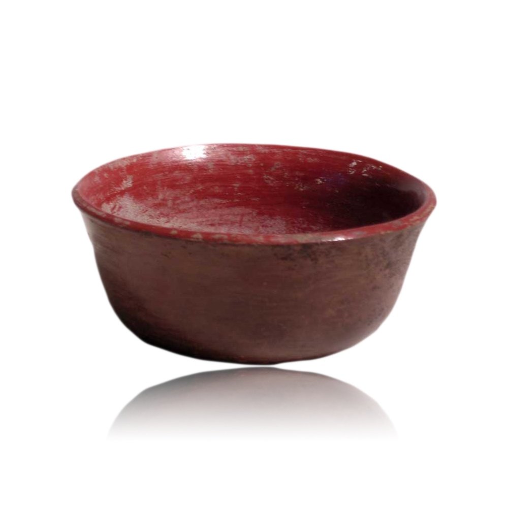 Pre-columbian Aztec Bowl: Aztec bowl from Mexico, ca. 1400 – 1500 AD. This fine bi-chrome example is 4-7/8” in diameter and has a deep red interior, with vertical linear décor on the dark buff exterior. Highly burnished,