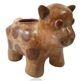 Pre-columbian Chorrera Jaguar Vessel: Pre-columbian Jaguar Vessel from Ecuador, ca. 400 B.C. ceramic, painted in cream ground and brown spots, a broad and bulky body with a large round opening on top, open mouth with teeth showing. 5" in