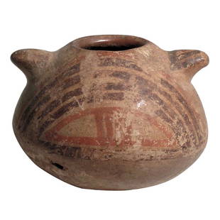 Pre-columbian Diquis polychrome jar: A nice Diquis polychrome jar from Costa Rica ca. 1000 – 1500 AD. This fine Buenos Aires type is 3-3/4” in diameter and has two lugs projecting from the top of the chamber. One represents the