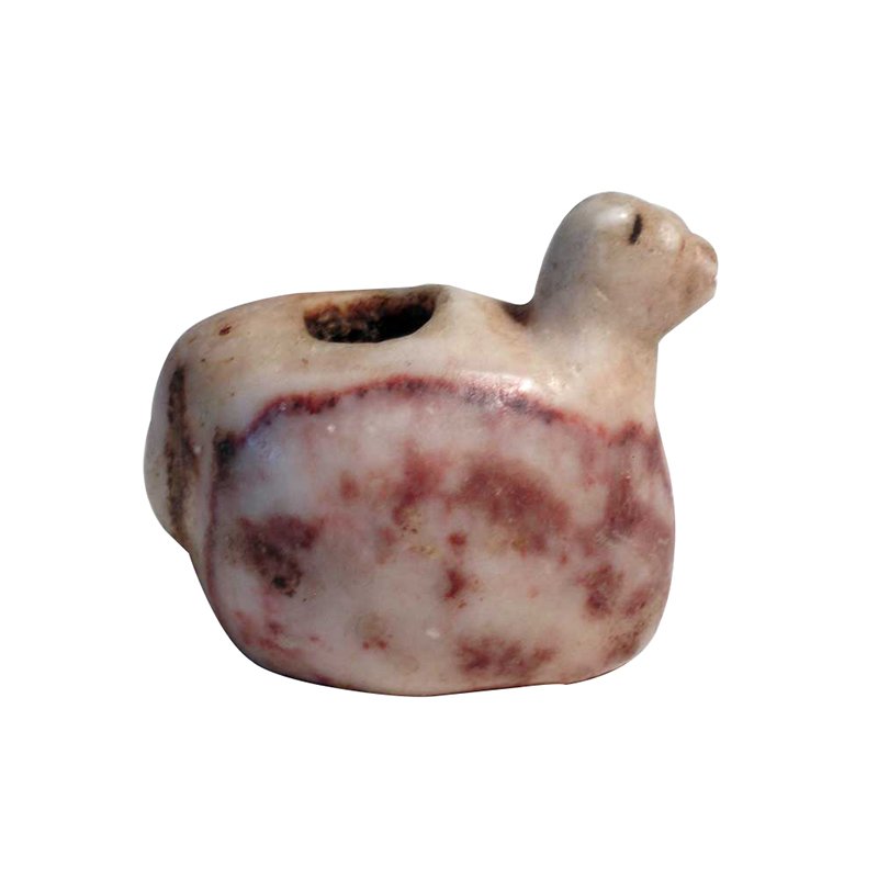 Pre-columbian Inca Canopa: An excellent Inca canopa, ca. 1300 - 1500 AD. This beautifully detailed example is 2-1/4" long and depicts an alpaca with a nicely detailed face It is carved from a cream colored stone that has blood 