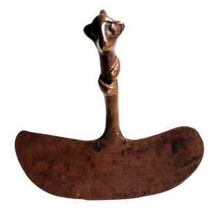 Pre-columbian Inca Copper Tumi: A choice Inca tumi fro northern Ecuador, ca. 1400 – 1500 AD. This fine ceremonial knife is 3-3/4” high, its heavy blade is 3-3/4” wide and the handle is topped with a nicely detailed figure that