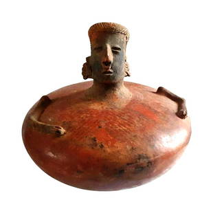 Pre-columbian Nayarit Figure Vessel: Pre-columbian Nayarit Figure Vessel from West Mexico, ca. 100 B.C.-250 A.D. Head and hands incorporated into the vessel with a spout in the head. The body of the vessel is decorated with painted geome