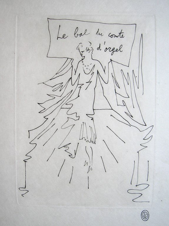 COCTEAU Jean, (1889-1963),: « le bal du conte d’Orgel », 1953, eau-forte originale, signée du cachet d’atelier de l’artiste dans la marge basse, titrée dans le sujet, 33 X 25cm