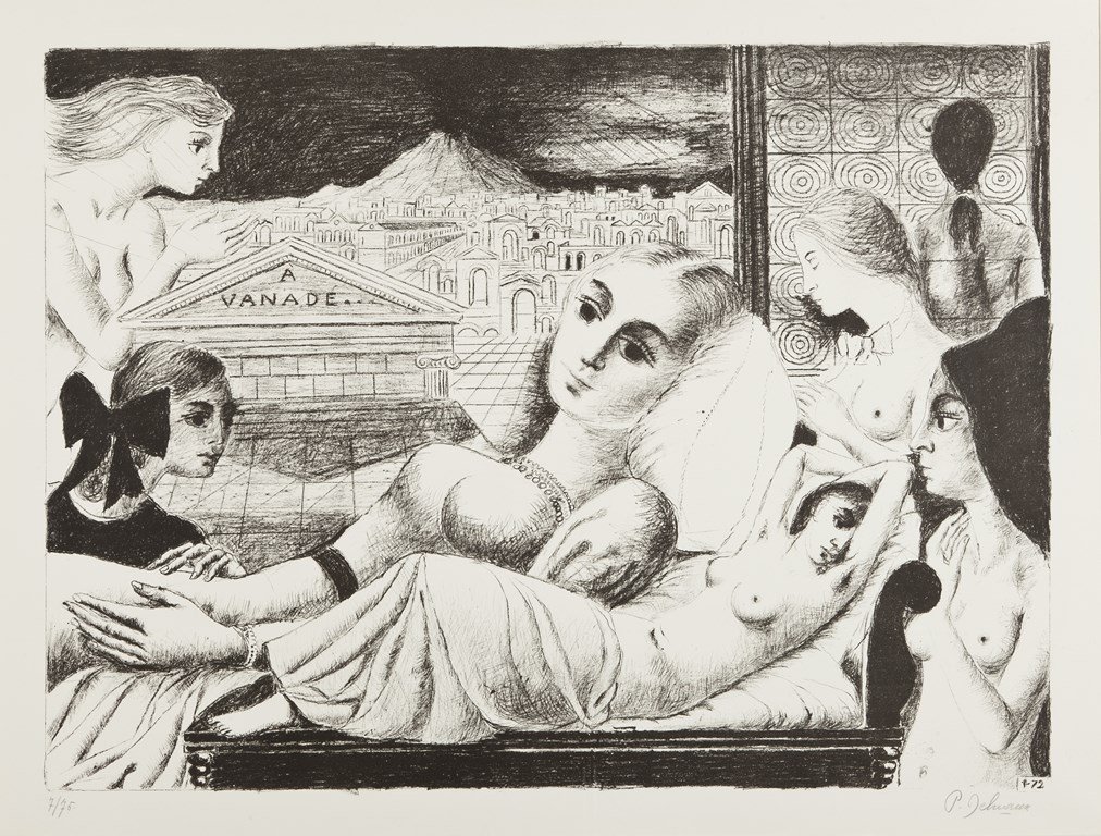Paul DELVAUX lithographie originale Signée + H.C: Paul DELVAUX 1897 - 1994 Titre : Vanadé Technique : Lithographie originale Date : 1972 Support : Arches Format du support : 900 X 660 mm Format du sujet : 780 X 580 mm Signe(s) distinctif(s) : Datée
