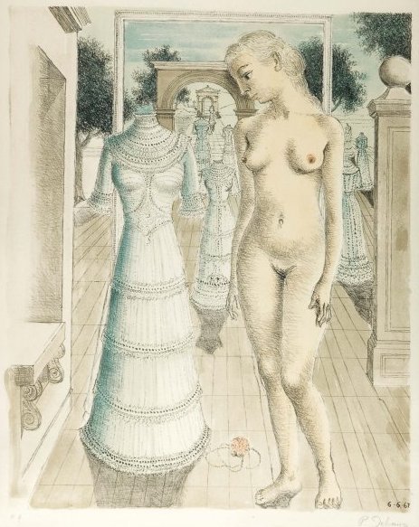 Paul DELVAUX lithographie originale Signée + N°: Titre : La robe du dimanche Technique : Lithographie originale en couleur Date : 1967 Support : Arches Format du support : 760 X 560 mm Format du sujet : 630 X 510 mm Signe(s) distinctif(s) : Datée d
