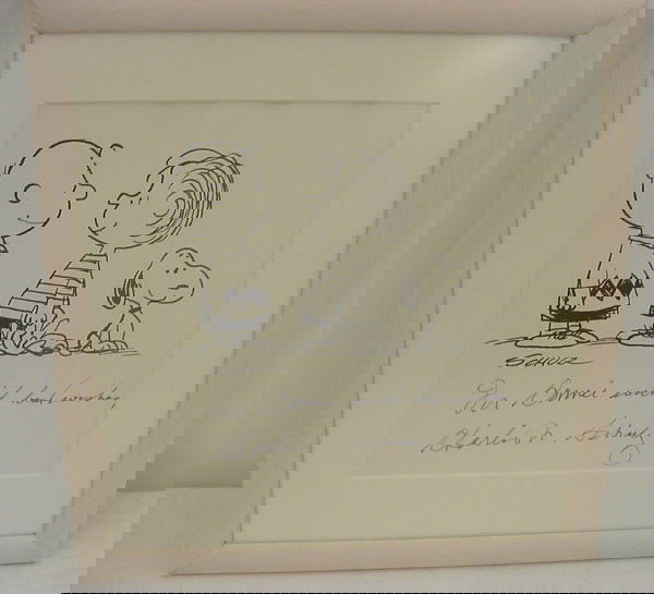 Art, Original artwork of Charles Schultz of Peanuts: Art, Original artwork of Charles Schultz of Peanuts, Linus & Snoopy signed Schulz & inscribed in colored marker for Connie with best wishes, Charles Schulz, framed and matted