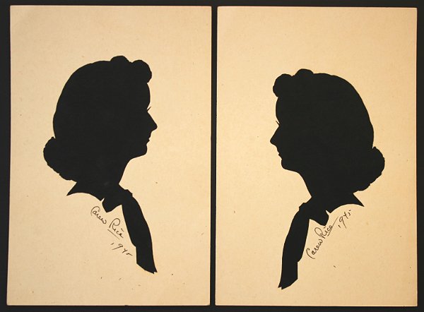1945 Carew Rice Original Hand Cut Silouhettes Signed: 1945 CAREW RICE ORIGINAL HAND CUT SILHOUETTES SIGNED. These original hand cut Carew Rice silhouettes are signed by the Artist. The silhouettes are mounted on a 4x6 inch card and are in good condition 