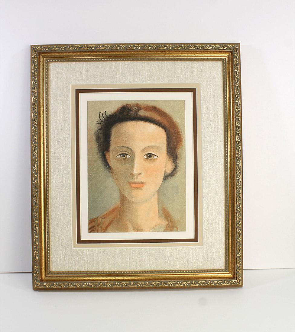 Andre Derain Original Lithograph Young Woman 1939: Derain, Andre. "Portrait of a Young Woman" Color lithograph printed by Mourlot, 1939. Double matted and framed in a new moulding. Sheet 10 1/4 x 14 inches, framed c. 18 x 22 inches. Accompanied by a G