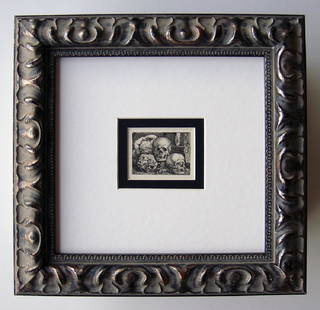 Barthel Beham Infant Laying with Three Skulls engraving: Barthel Beham (1502-1540). Infant Laying with Three Skulls (Signed in the plate, above skull on right). Framed Approximately 9 x 10 inches. Antique Copper Plate Engraving on Laid Paper after the 1500'