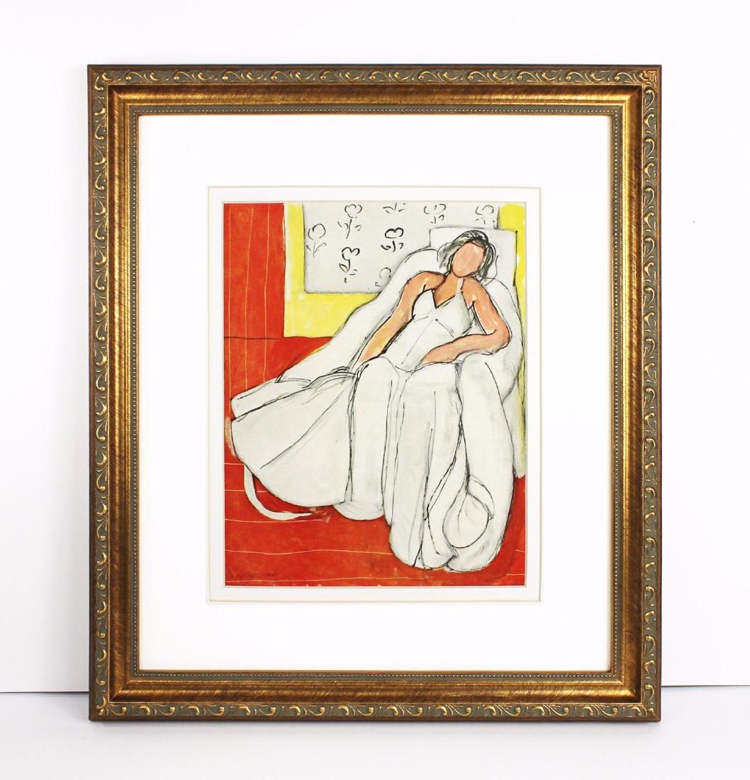 Henri Matisse 1948 Antique Print Girl in a White Dress: Henri Matisse (1869-1954). Girl in White on a Lounge Chair (Jeune Fille En Blanc Sur Une Chaise Lounge). Framed dimensions approximately 17 x 19 inches. Color heliogravure after the original oil on ca