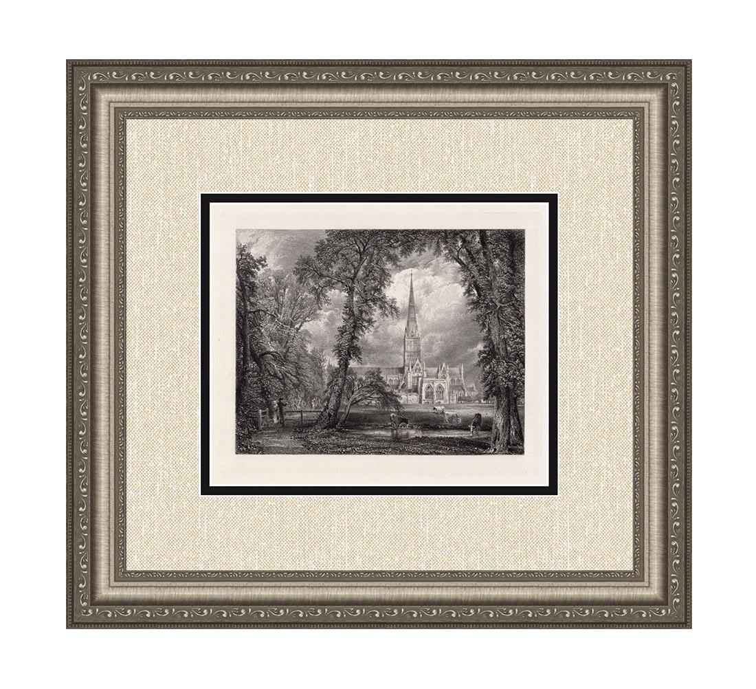 John Constable Salisbury Cathedral Engraving: John Constable (English, 1776- 1837). Salisbury Cathedral (Salisbury Cathedral from the Bishop's Grounds). Image size 7 3/8 x 10 1/2 inches. Antique engraving on thick wove paper after the original oi