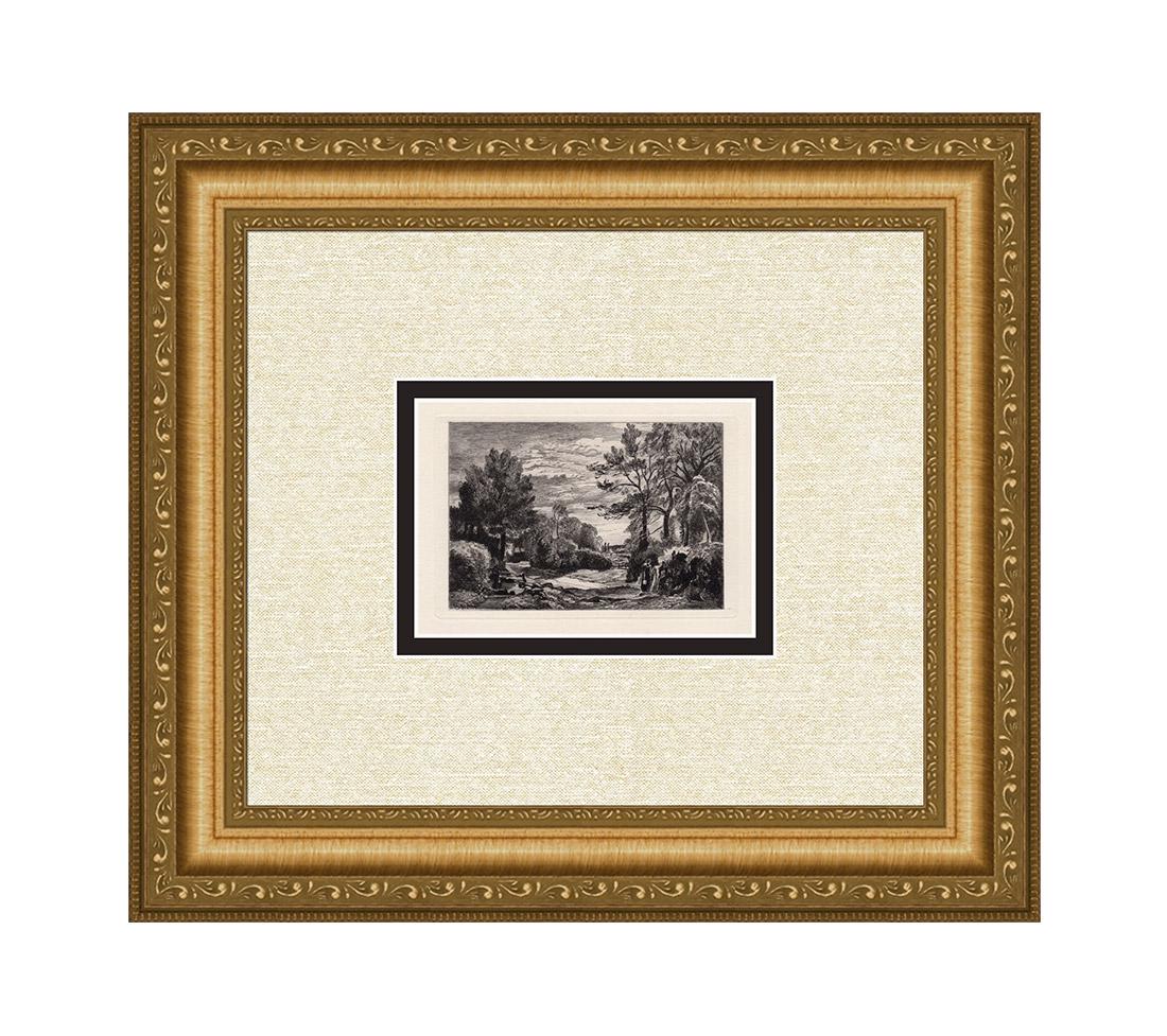 1875 John Constable Landscape with a Stream Etching: John Constable (English, 1776- 1837). Untitled. Framed Approximately 12 x 14 inches. Antique etching on thick laid paper after the original by master etcher Richard Samuel Chattock (English, 1825 â��