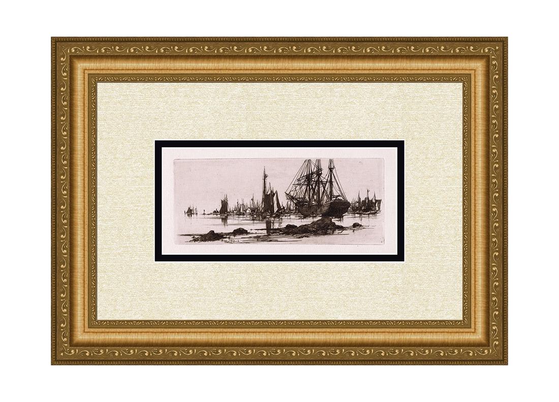 1882 Stephen Parrish In Port Etching: Stephen Parrish (American, 1846-1938). In Port. Framed Approximately 12 x 18 inches. Original Etching on laid paper. 1882. Signed in the plate lower right.