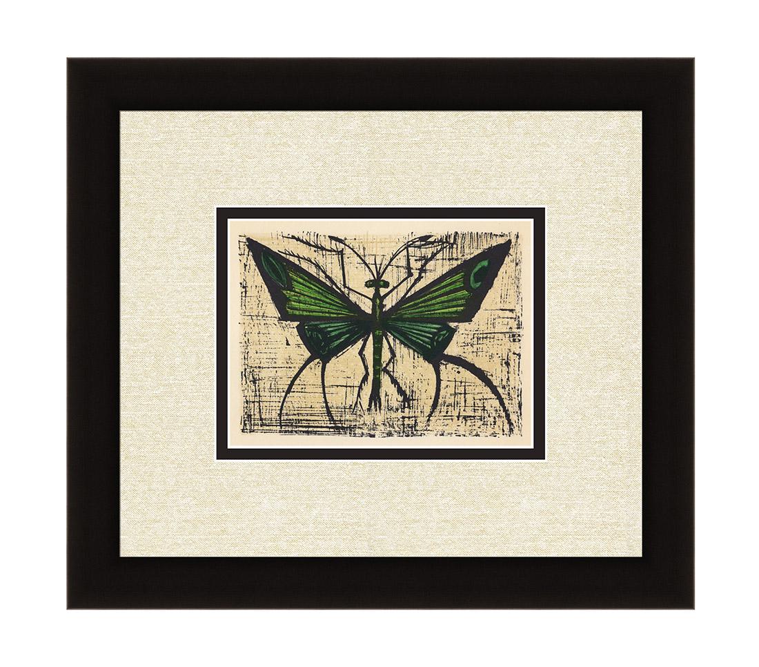 Bernard Buffet Green Butterfly 1967 Lithograph Framed: Buffet, Bernard "Green Butterfly" This color lithograph was pulled in Paris in 1967 by the legendary atelier Mourlot. Double matted and framed in a new moulding. Dimensions: Framed c. 14 x 16 inches.