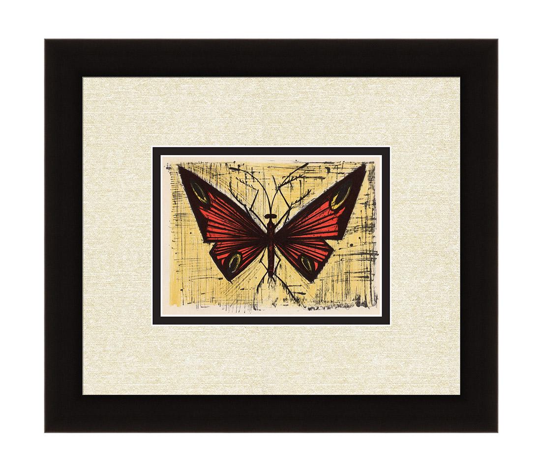 Bernard Buffet Lithograph Red and Yellow Butterfly: Buffet, Bernard "The Red and Yellow Butterfly" This color lithograph was pulled in Paris in 1967 by the legendary atelier Mourlot. Double matted and framed in a new moulding. Dimensions: Framed c. 14