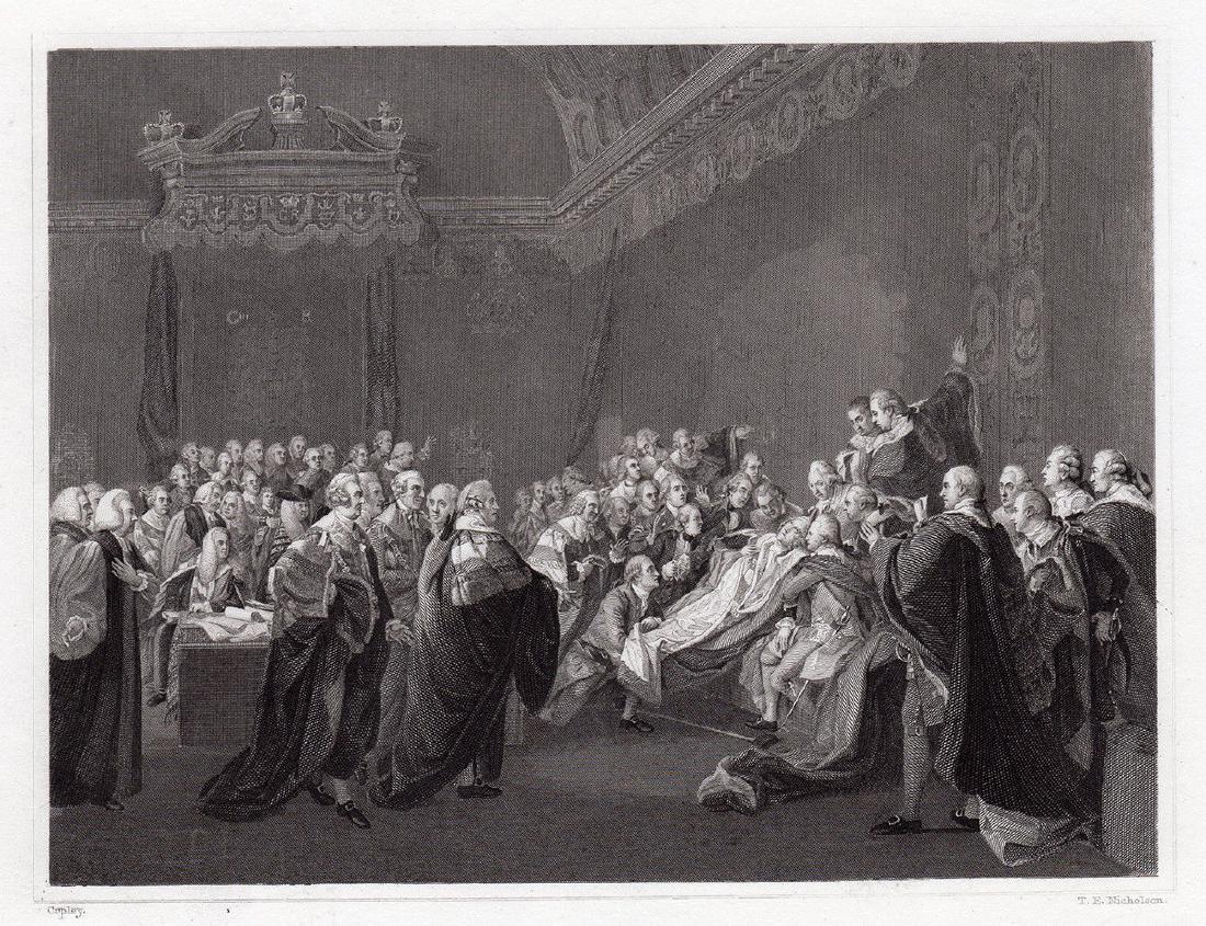 John Singleton Copley 1834 engraving Earl of Chatham: John Singleton Copley. (Anglo-American, 1738 - 1815). The Death of the Earl of Chatham. Antique steel engraving on wove paper after the original oil on canvas by Master Engraver William Henry Worthing