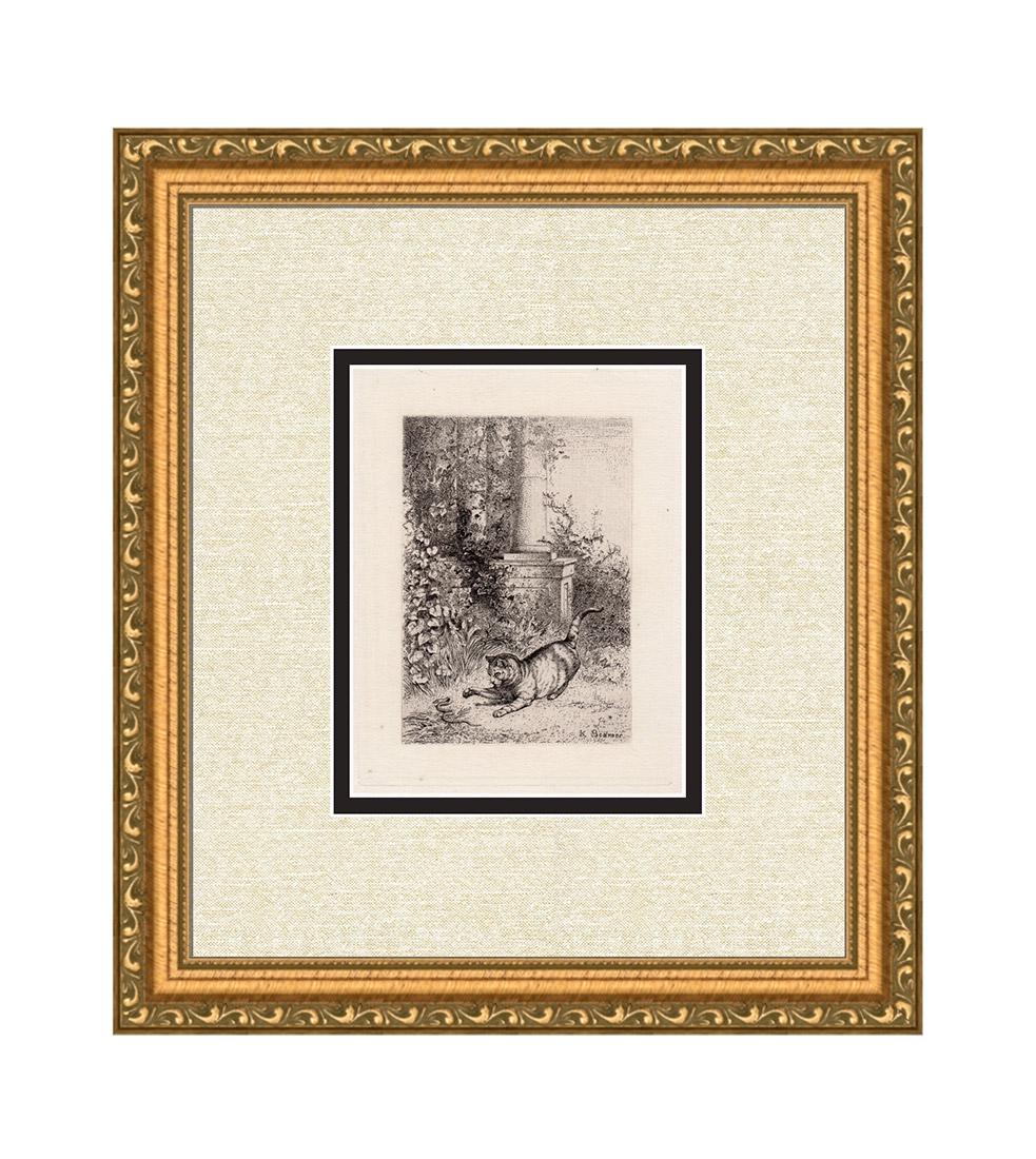 Karl Bodmer Cats 1872 etching signed: Johann Carl Bodmer known as Karl Bodmer (Swiss, 1809-1893). "Cats". Image size 4 3/4 x 6 1/4 inches. Antique etching on thick laid paper. 1872. Signed in the plate lower right. Accompanied by a Galler