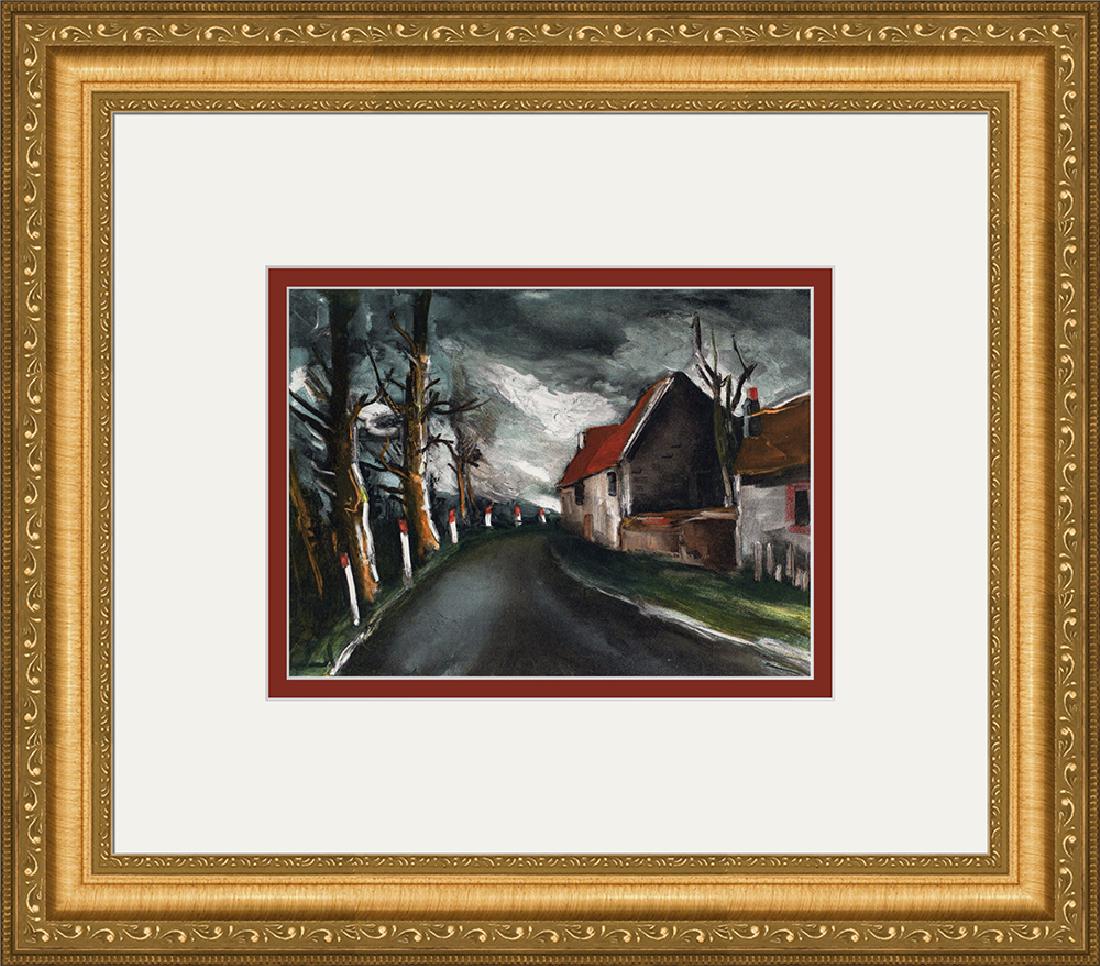 Haunting Maurice de Vlaminck La Route 1958 Lithograph: Vlaminck, Maurice de. "La Route de Longny" This color lithograph was pulled in Paris in 1958 by the legendary Mourlot Atelier, and published by Andre Sauret. Double matted and framed in a new moulding