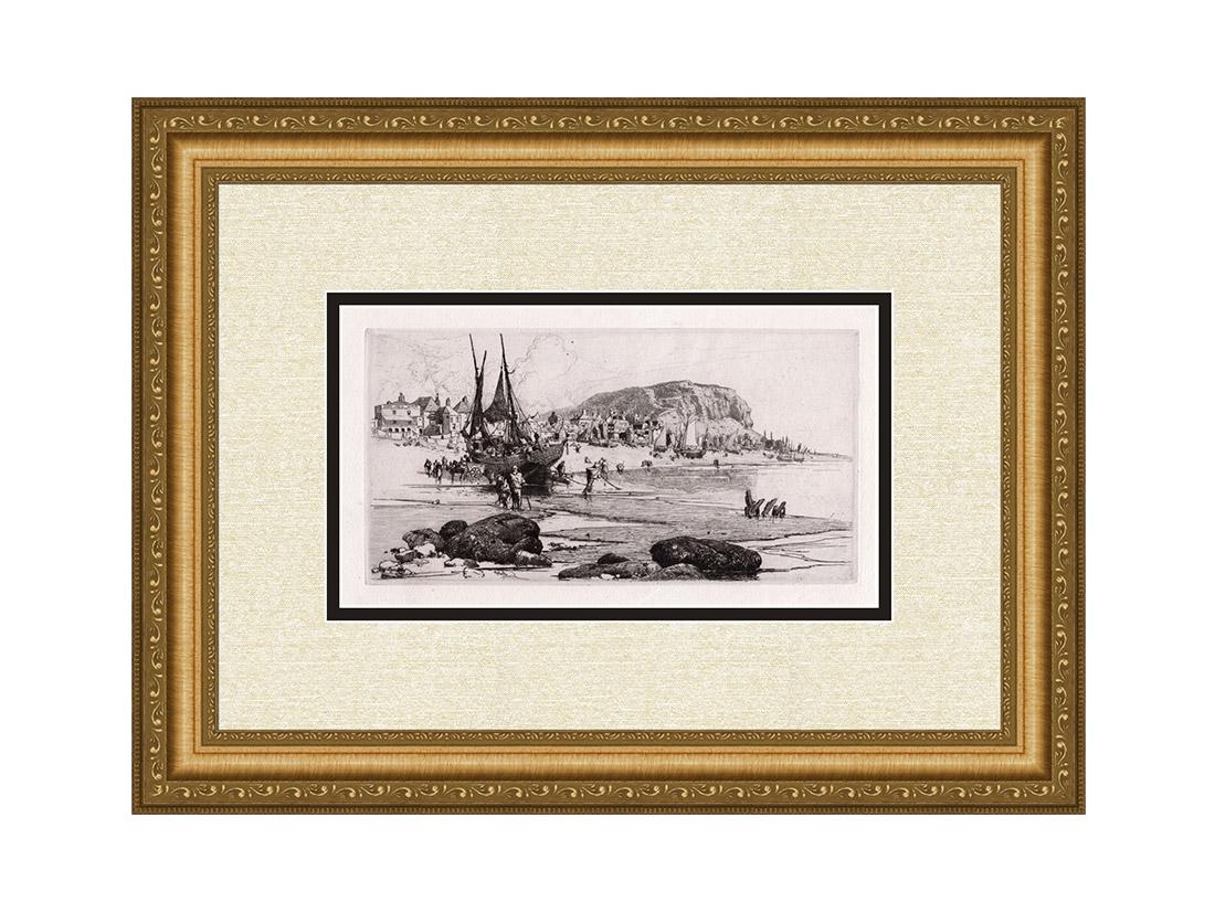 Stephen Parrish Hastings 1885 Etching Original: Stephen Parrish (American, 1846 -1938). Hastings. Framed Approximately 14 x 20 inches. Antique Hand Pulled copper plate etching on thick laid paper. 1885. Accompanied by a Gallery Certificate of Authe