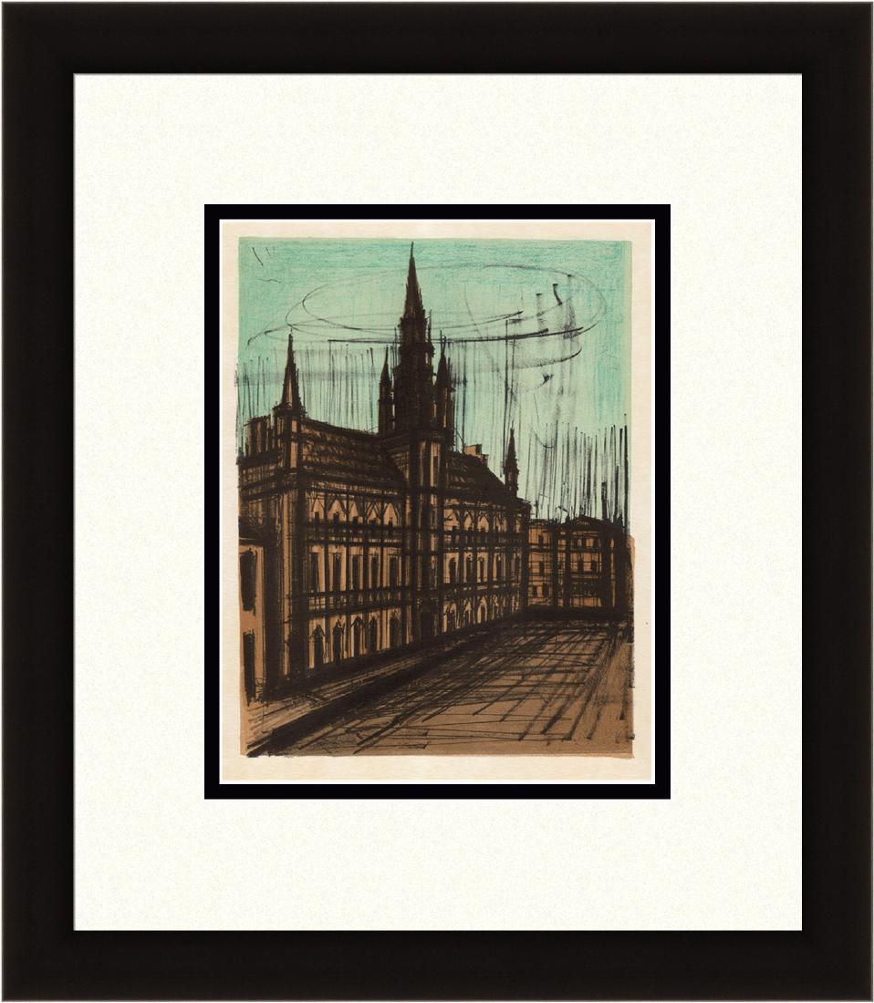 Bernard Buffet Framed Lithograph 1967 Brussele Town: Buffet, Bernard "Brussele Town Hall" This color lithograph was pulled in Paris in 1967 by the legendary atelier Mourlot. Double matted and framed in a new moulding. Image Size 7 3/8 x 10 Inches. Dimen